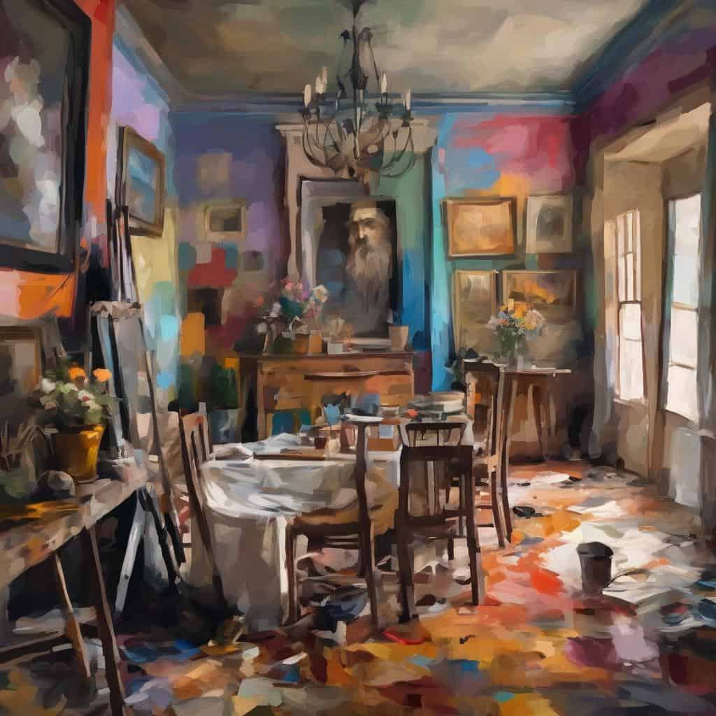 Λαμπερό εσωτερικό χώρο τέχνης με πίνακες και λουλούδια, δημιουργία πολιτισμού και καλλιτεχνικής έκφρασης.