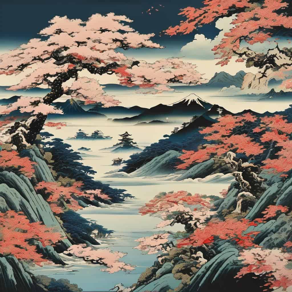 Ουρανό, ροζ χιόνι, φιγούρες, μεταφορές, Ασιατική τέχνη, πολιτισμική γέφυρα, αρχαία και σύγχρονη τέχνη, φύση, παραδοσιακές εικόνες, καλλιτεχνική έκφραση.