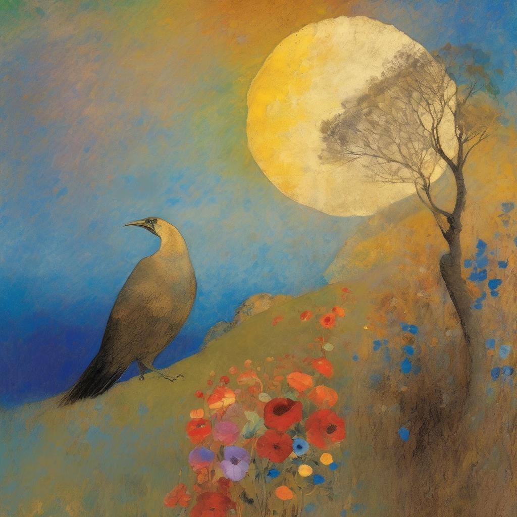 Ουράνιο τόξο, φεγγάρι και πουλί σε πίνακα με έντονα χρώματα και φυσικά στοιχεία, σύμβολα πολιτισμού και φύσης.